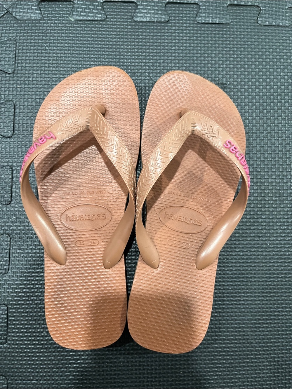 Havaianas Women's Tan Flip Flops with Pink Logo Accent